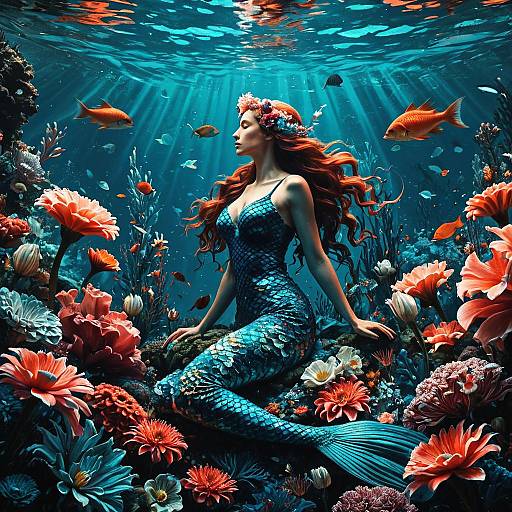 Underwater Mermaid Surrounded by Coral Flowers