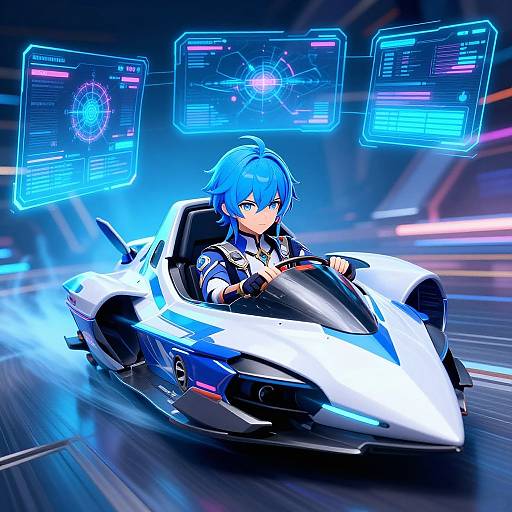 Digital anime artwork of a blue-haired girl in a futuristic white and black racing suit, driving a high-tech, glowing blue and white hoverbike. Neon