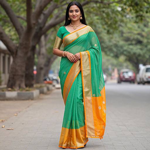 Woman in Green and Orange Saree
