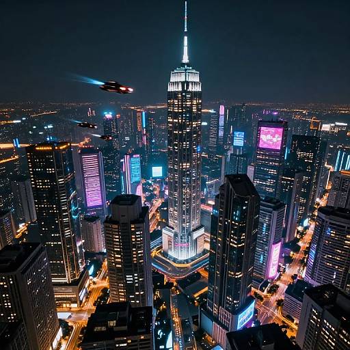 Photograph of a vibrant, nighttime cityscape with the illuminated Empire State Building at center, surrounded by colorful neon lights and bustling streets. Helicopter in