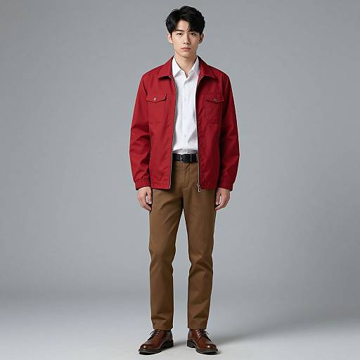 Photograph of an Asian man with short black hair, wearing a red jacket, white shirt, brown pants, black belt, and brown shoes, standing