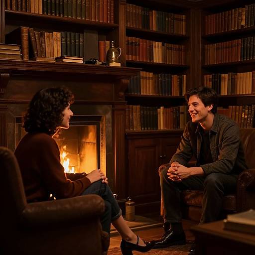 Photograph of a warm, dimly lit library with wooden bookshelves, a lit fireplace, and two smiling, casually dressed individuals seated across from