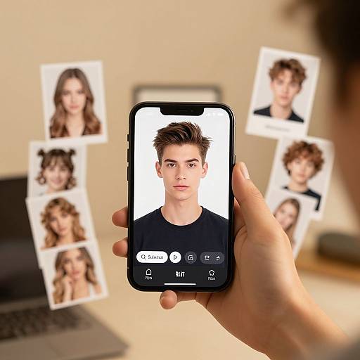 Photograph of a hand holding a smartphone displaying a young man's portrait, surrounded by blurred photos of five different people.