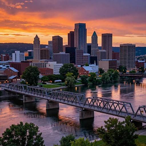 Photograph of a city skyline at sunset, featuring tall buildings, a river with a bridge, and vibrant orange and purple sky.