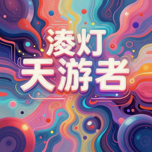 Vibrant digital artwork with colorful, swirling waves and abstract patterns. Bold white Japanese text 