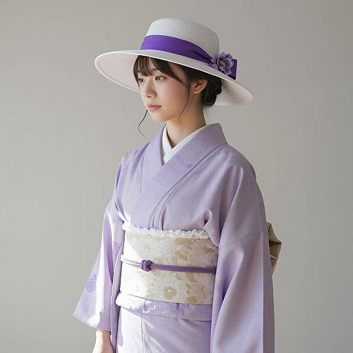Young Asian Woman in Lavender Kimono and Wide-Brimmed Hat