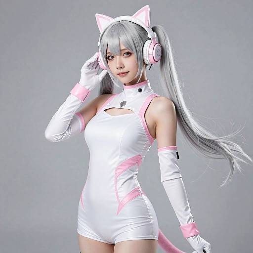 CGI anime-style girl with silver hair, cat ears, white and pink outfit, gloves, and headphones, posing against a gray background.