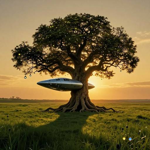 Surreal Tree with Spacecraft at Sunset