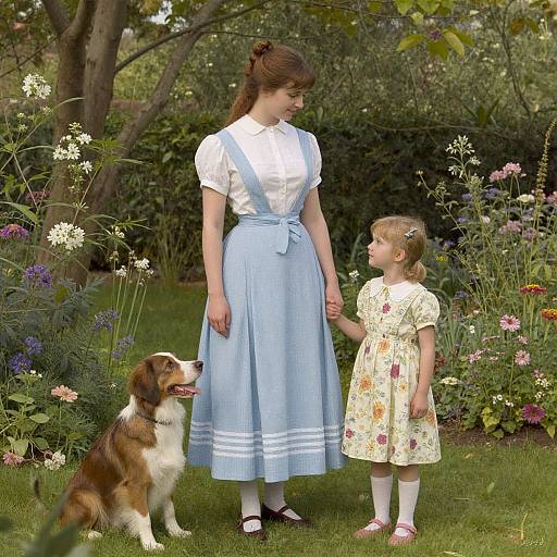 Photograph of a woman in a blue dress and white blouse, holding hands with a young girl in a floral dress, standing in a garden with a