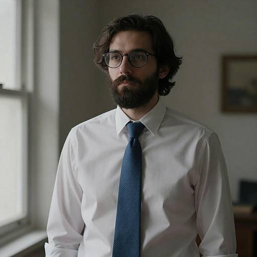 Serious Bearded Man in Dim Room