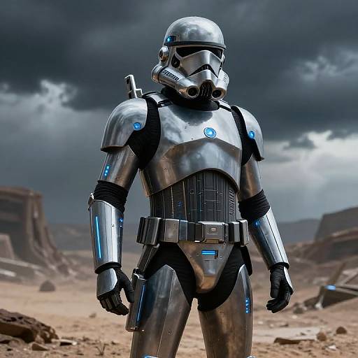 Photorealistic CGI of a silver, futuristic stormtrooper-style humanoid with blue accents standing in a desert landscape under a stormy sky.