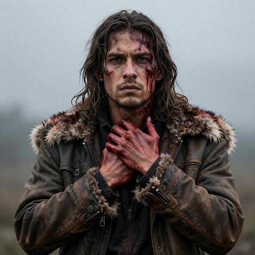 Intense Bloodied Man in Fur Jacket