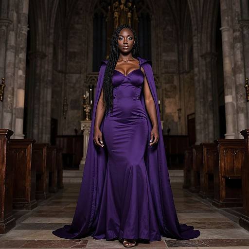 Photograph of a tall, dark-skinned woman with long braids wearing a deep purple, floor-length gown with a cape, standing in a dim