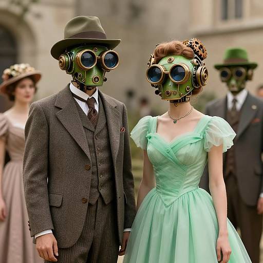 Steampunk photograph of a green gas mask-wearing couple in vintage attire, with the man in a brown suit and the woman in a mint dress