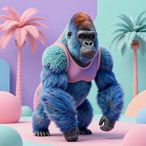 Digital illustration of a blue-furred, muscular gorilla with a pink tank top, standing in a pastel-colored, tropical background with palm trees.