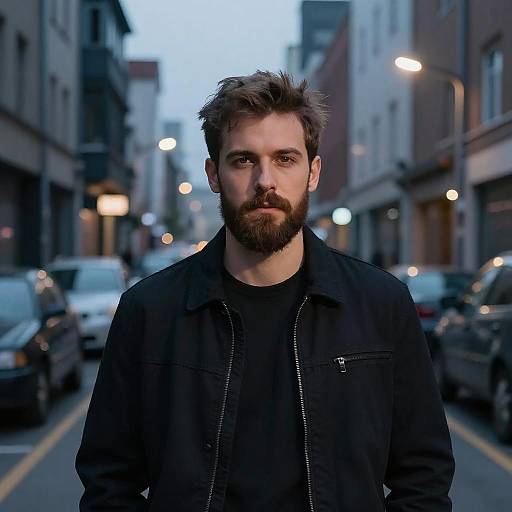 Photograph of a bearded man with tousled brown hair, wearing a black jacket and shirt, standing on a dimly lit urban street at dusk
