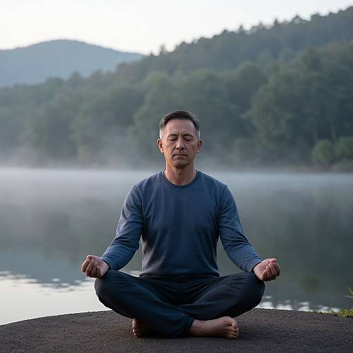 Photograph of a middle-aged man with short dark hair, wearing a blue long-sleeve shirt and black pants, meditating cross-legged on a