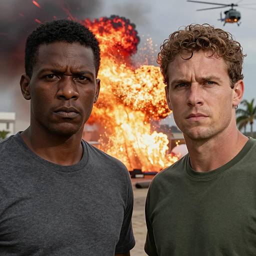 Dramatic Encounter Amidst Explosive Background