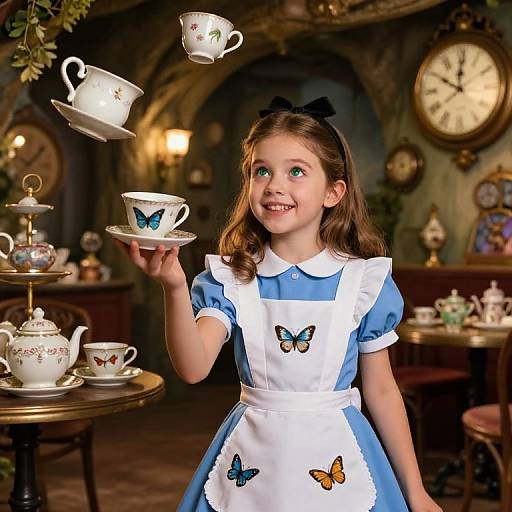 Photograph of a young girl in a blue and white Alice in Wonderland-style dress, holding floating teacups with butterfly designs, in a vintage,