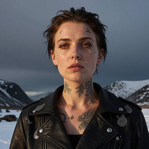 Photorealistic digital portrait of a tattooed woman with short, dark hair, wearing a black leather jacket, standing in a snowy mountain landscape under a