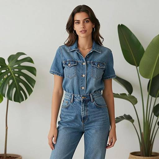 Chic Denim Jumpsuit with Indoor Plants