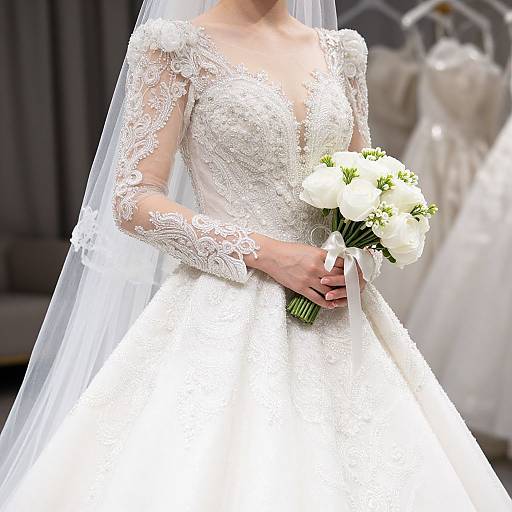 Photograph of a bride in an intricate white lace wedding dress with long sleeves, holding a bouquet of white flowers, veil hanging down. Background includes blurred