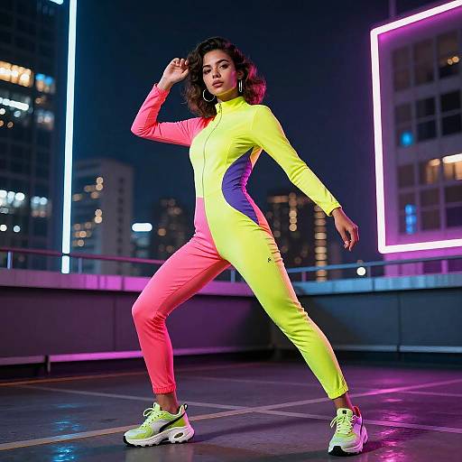 Vibrant Futuristic Bodysuit on Rooftop