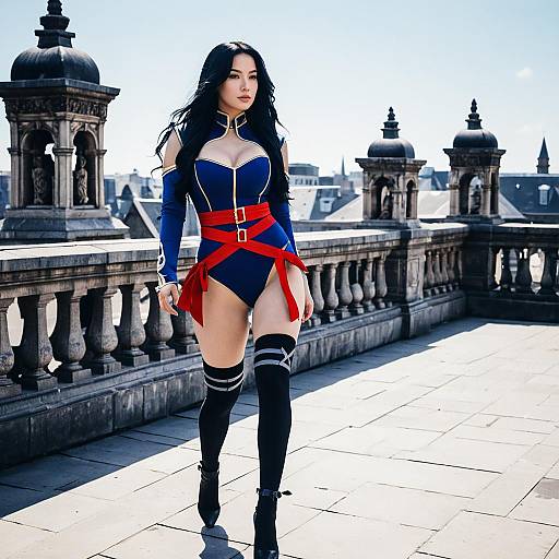 Woman in Navy Blue Cosplay Bodysuit on Rooftop