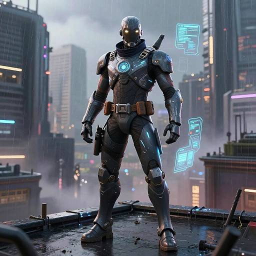 CGI cyberpunk scene of a futuristic, armored robot with glowing blue accents standing in a rainy, neon-lit cityscape. Raindrops and city