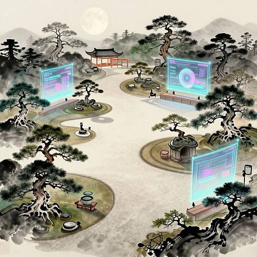 Digital drawing of a traditional Japanese garden with glowing blue holographic screens, stone lanterns, and a red torii gate among pine trees.