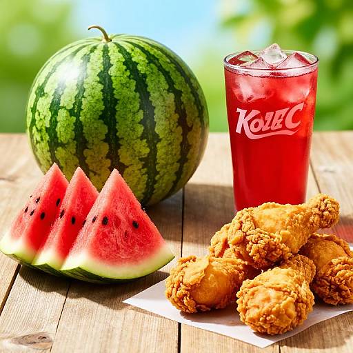 Photograph of watermelon slices, fried golden chicken nuggets, and a red Coca-Cola with ice on a wooden table, bright sunlight.