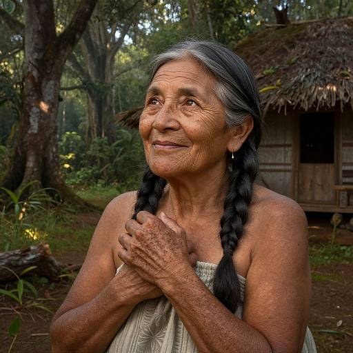 Photograph of an elderly Indigenous woman with long braided hair, smiling, hands clasped, wearing a white strapless top, standing in front of