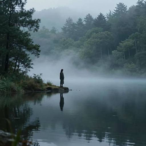 Photograph of a solitary figure standing on a rock by a misty, reflective forest lake, surrounded by dense, fog-covered trees.