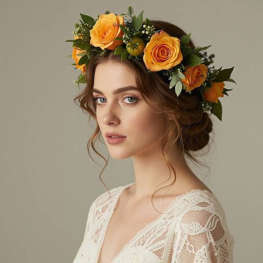 Photograph of a young woman with fair skin and wavy brown hair, wearing a white lace dress and an orange rose and greenery crown, against