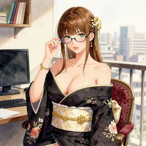 Digital anime-style illustration of a beautiful, fair-skinned woman with brown hair, green eyes, and large breasts, wearing a black floral kimono,
