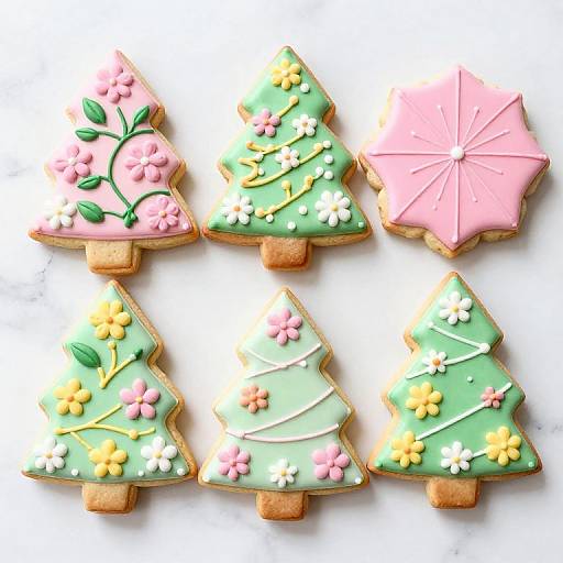 Photograph of five decorated Christmas tree-shaped cookies: pink with flowers, green with flowers and leaves, pink umbrella, and two green with flowers and leaves