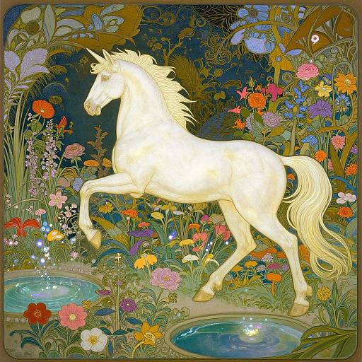 Vibrant digital illustration of a white, rearing unicorn amidst colorful, intricate flowers, surrounded by a magical, dark blue forest background.