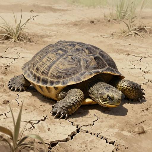 Photograph of a detailed, textured turtle with a dark, patterned shell and rough, scaly limbs, moving slowly across cracked, dry, sandy