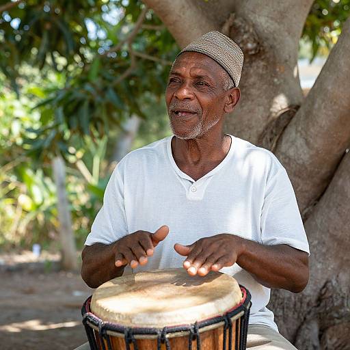 Photograph of an elderly Black man with a brown skin tone, wearing a white shirt and beige cap, playing a wooden drum outdoors under a large tree