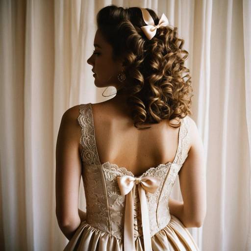 Woman in Beige Lace Dress with Curled Hair and Satin Ribbon