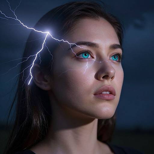 Photograph of a young woman with striking blue eyes, dark brown hair, and glowing skin, a bright white lightning bolt striking her forehead, set against