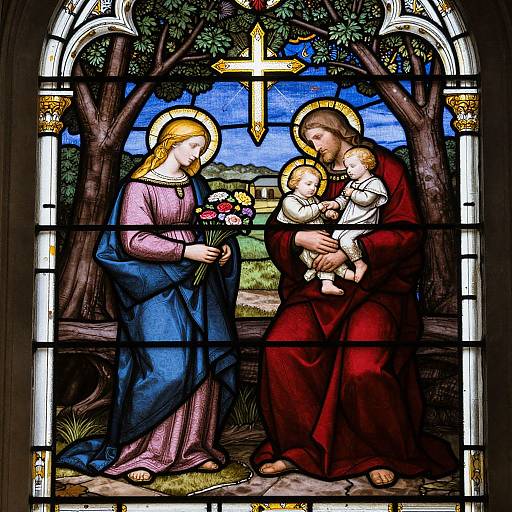 Stained glass window depicting Mary in blue robe, holding flowers, and Joseph in red robe, cradling baby Jesus, with a cross above,