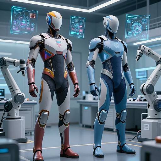 Photorealistic CGI of two futuristic robotic humans in a high-tech lab, featuring blue and red armor, standing beside robotic arms, with holographic screens