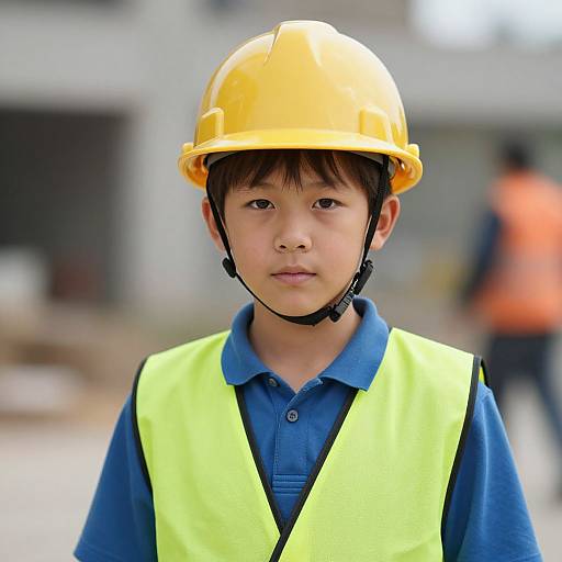 Photograph of an Asian boy wearing a yellow hard hat and bright yellow safety vest over a blue polo shirt, standing outdoors on a construction site. Bl