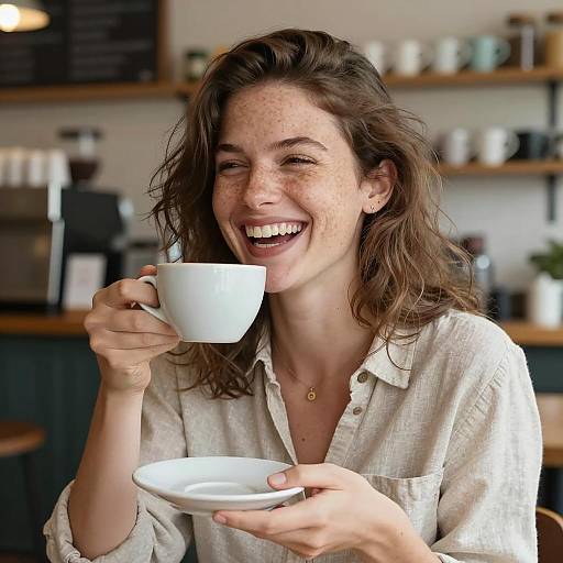 Smiling Woman Drinking Coffee in Café