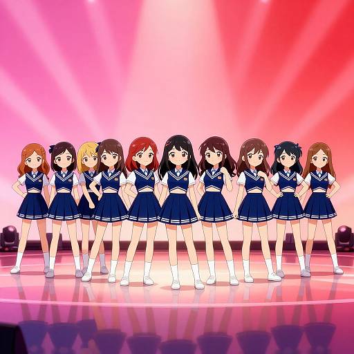 Digital anime-style illustration of eleven schoolgirls in navy blue sailor uniforms standing in a line on a reflective stage with a pink and red gradient background.