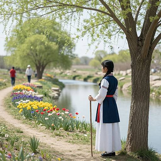 Photograph of a woman in traditional Korean dress, standing by a tree, holding a cane, overlooking a river with vibrant flower beds and two distant figures
