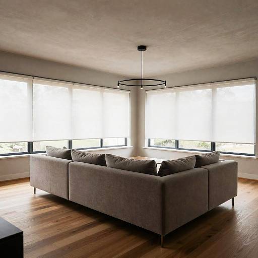 Modern Living Room with Large Sofa and Venetian Blinds