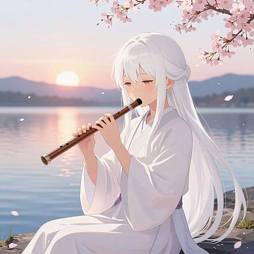 Serene Anime Girl by Sunset Lake