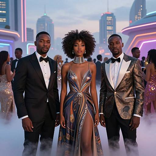 Photograph of three Black individuals at a neon-lit, futuristic gala. Central woman in revealing, metallic, high-slit gown flanked by two
